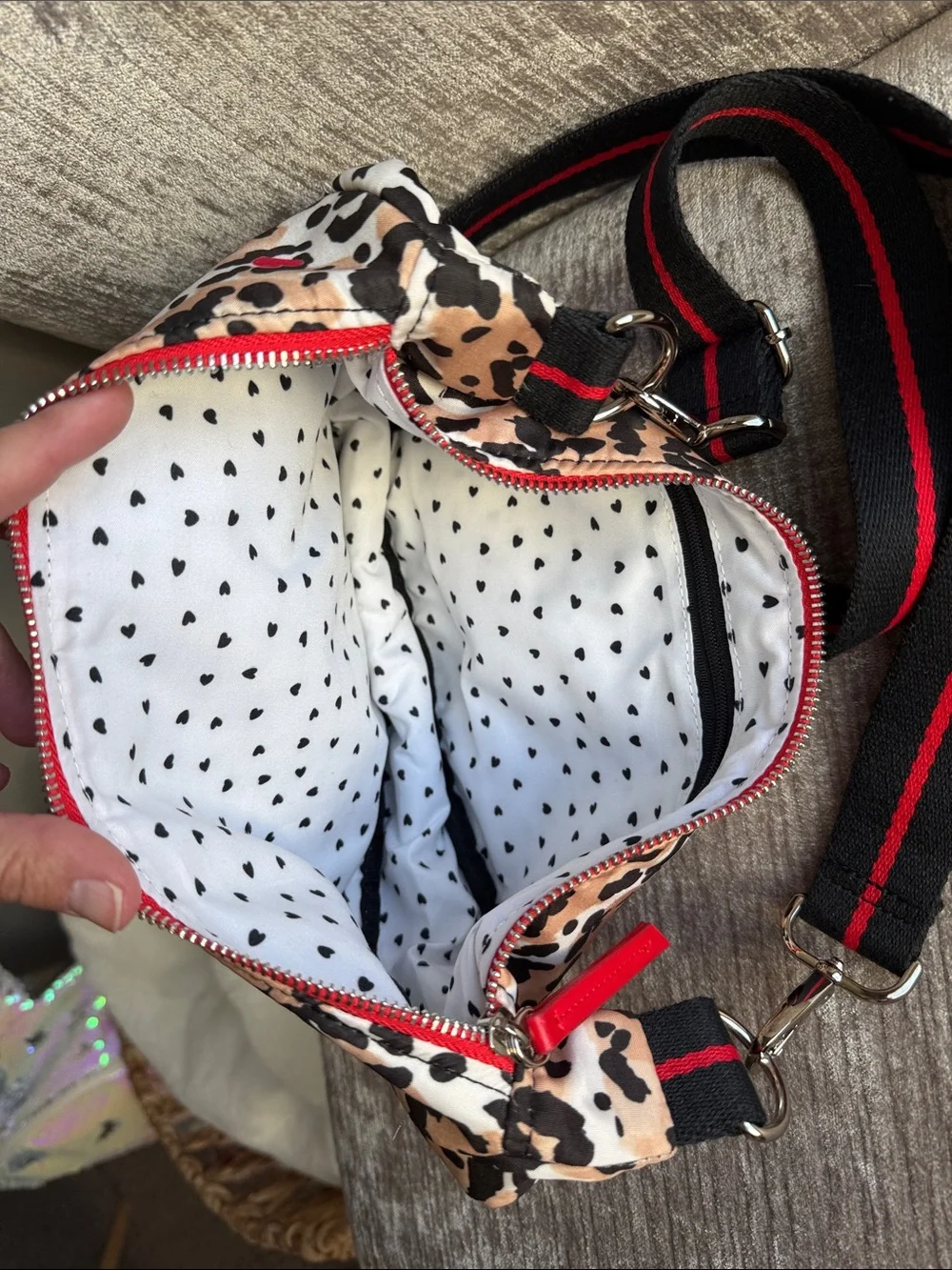 Brighton LOVE Leopard Print Crossbody Bag with Black and Red Strap